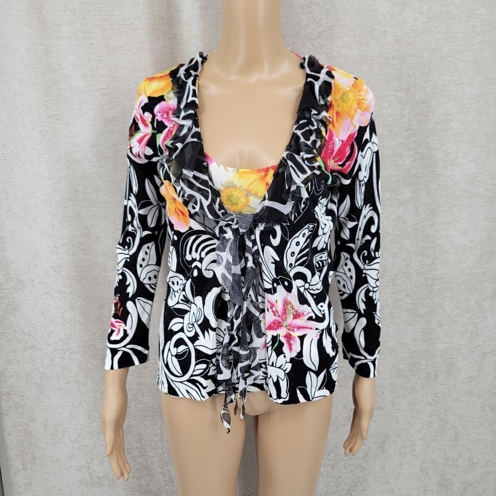 Alberto Makali Y2K 2pc Tank & Tie Front Cardigan Beaded Floral Women's Small